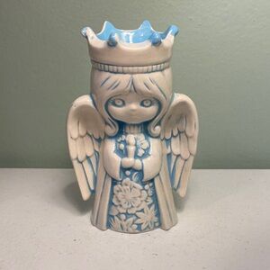 Vintage Ceramic Blue and White Angel Figurine Votive Candle Holder